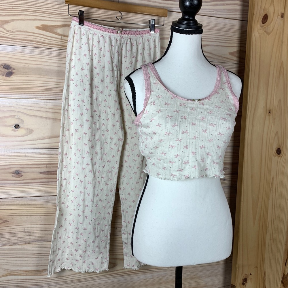 Messy Bun Just Chillin Pajama Set Women S Ivory Pink Bow Pointelle Cottage
